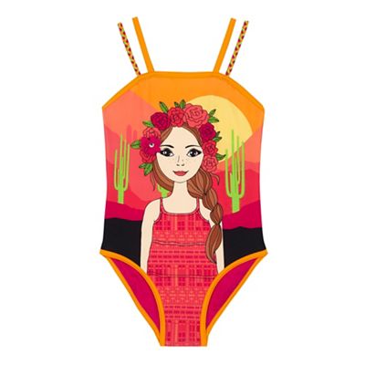 Girls' multi-coloured girl print swimsuit